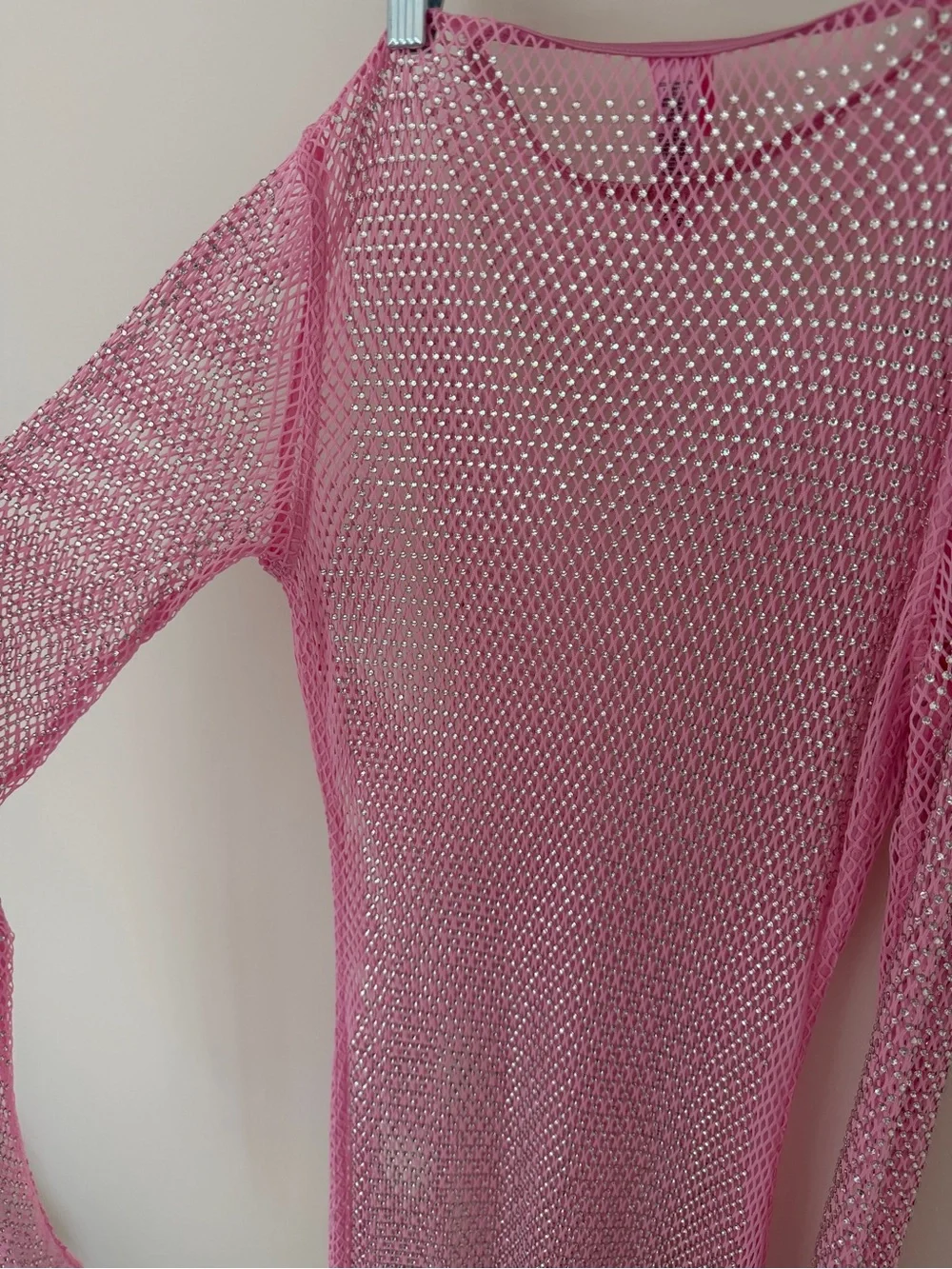 SKIMS X Swarovski Crystals- Stretch Net Long Sleeve Dress Bubble Gum Size Small